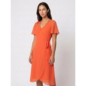 Time And Tru Wrap Dress Coral Peach Sz L 12 14 Flutter Sleeve Wedding Coastal